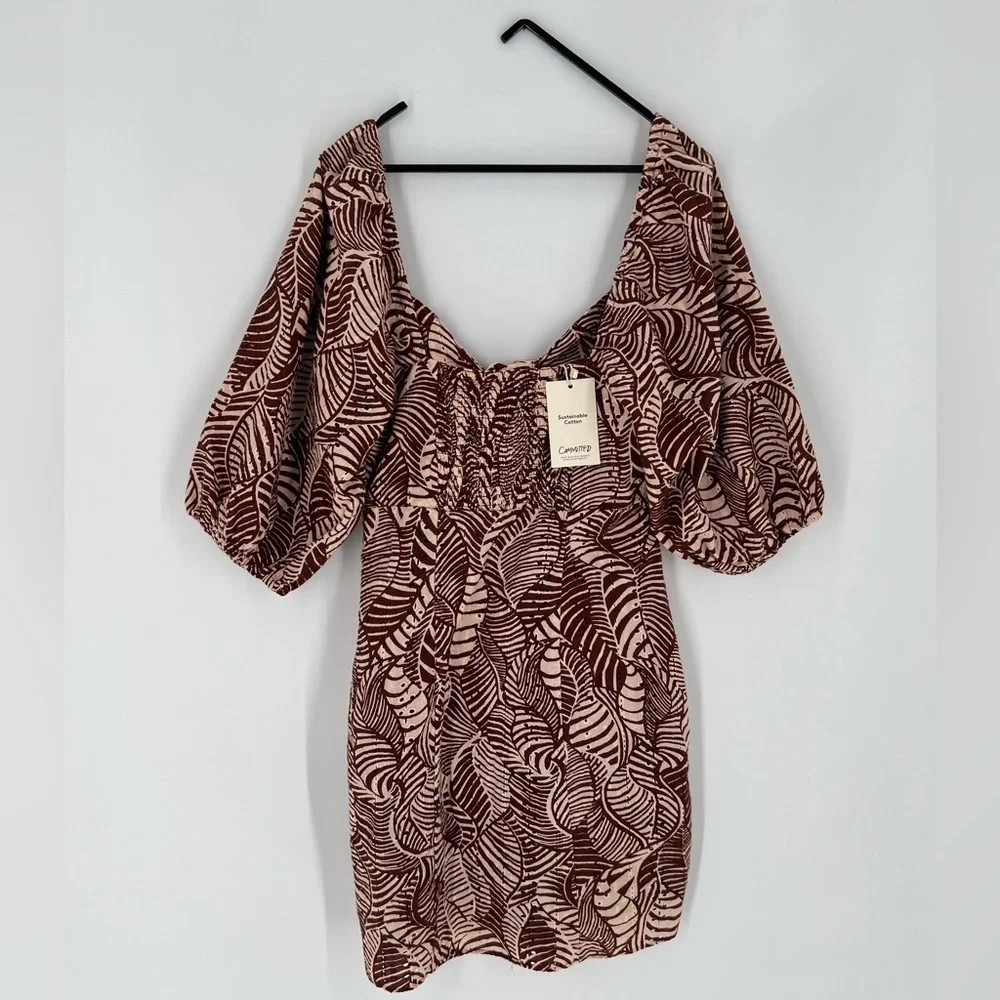 MNG Mango Palm Print Eyelet Balloon Sleeve Mini Dress